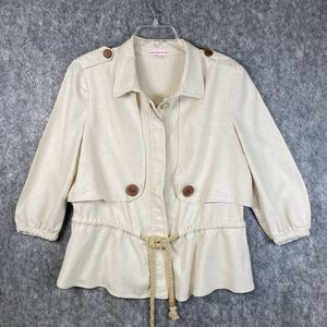 Charlotte Ronson Jacket Cotton Drawstring Sz S Beige 3/4 Sleeve Peplum Buttons
